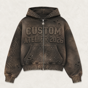 เสื้อฮู้ดซิปแบบวินเทจ 500Gsm ขายส่ง ตกแต่งด้วยคริสตัล แพทช์เวิร์ค แต่งกระดุม ทรงครอป สตรีทแวร์ เสื้อฮู้ดผู้ชายสั่งทำได้ - Product Image 1