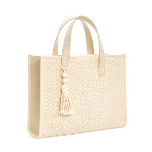 Sacs fourre-tout en lin réutilisables grande capacité pour femmes, doublure polyester, sacs à bandoulière simples tissés à la française avec pompons, vente en gros - Product Image 1