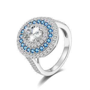 Classic Women's 925 Silver Moissanite Cocktail <b>Ring</b> Round Brilliant Cut Pave Setting Blue Gemstone Halo Engagement Jewelry - Product Image 2