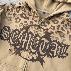 Custom Streetwear 500 Gsm Zipper <b>Hoodie</b> Heavyweight <b>Leopard</b> <b>Hoodie</b> Manufacturers Oversized Distressed Acid Wash Zip Up <b>Hoodie</b> - Product Image 4