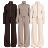 Ensemble deux pièces sur mesure pour femme, col roulé côtelé zippé, coupe oversize, jambe large, décontracté, fabricant OEM ODM