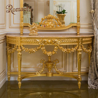Console de style Louis XV en bois massif doré avec plateau en marbre et miroir, table de commande classique française en bois sculpté à la main, élégante