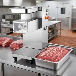 Machine de découpe de viande industrielle automatique de comptoir, moteur en acier inoxydable, base mobile, panneau transparent, poignée, pour bœuf, pepperoni, <span class=keywords><strong>salami</strong></span>, jambon - Product Image 3