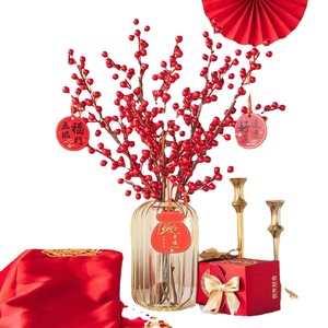ช่อดอกไม้เบอร์รี่สีแดงประดิษฐ์ สูง 53 ซม. สำหรับตกแต่งปีใหม่ ตกแต่งห้องนั่งเล่น ตกแต่งงานแต่งงาน ดอกไม้ผ้าไหมประดับด้วยสีทอง - Product Image 5
