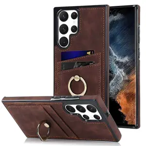 Luxury Retro PU Leather Wallet Card Slots Holder 360 Degree Rotating Ring Stand Phone Case For Samsung Galaxy S23 Ultra S22 S21