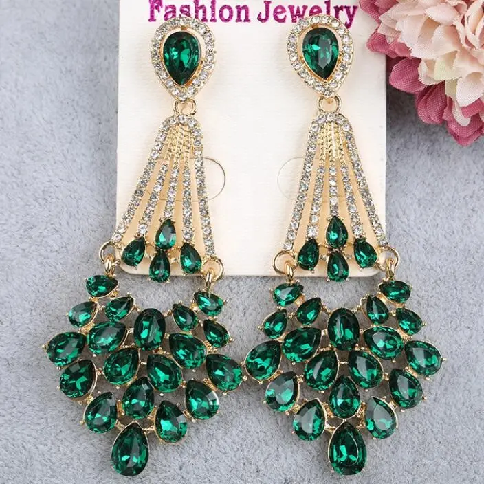 Kaimei 2022 heißer Verkauf Retro Kristall Damen Braut Ohrringe Modeschmuck geometrische 18 Karat vergoldete Smaragd Statement Ohrringe