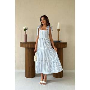 เดรสทรงเอลายทางสีน้ำเงิน เอวสม็อค ไร้สายรัด ระบายอากาศได้ดี ผ้าทอ สวมใส่สบายๆ ทุกวัน - Product Image 5