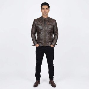Finer Threads Plus Size Genuine Leather Breathable Vintage Style Hooded Varsity <b>Jacket</b> with Stand Collar and Side Zipper for Men - Product Image 1