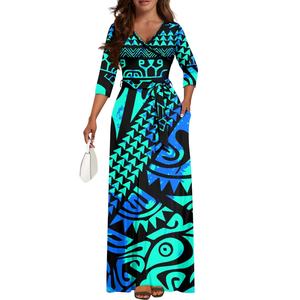 Elegante dama vestidos largos fiesta de noche estilo marquesano tatuaje polinesio profundo V manga larga elegante vestido Delgado - Product Image 6