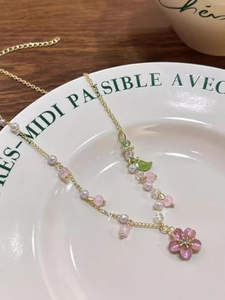 Kalung mutiara untuk wanita bunga aster hijau dicat bunga rumbai jimat bunga merah muda perhiasan pernikahan liontin - Product Image 2