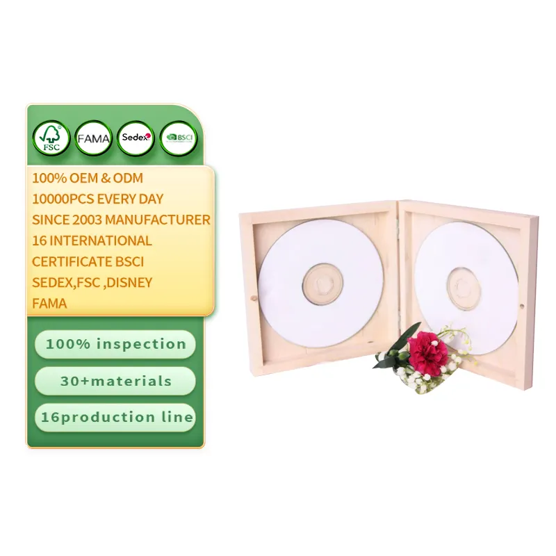 Cheap price double CDDVD wooden unfinished box with square lid wood CD case keepsake wedding dvd box