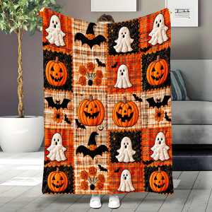 Manta de Felpa de Halloween con Diseño de Fantasma, Calabaza y Murciélago, Rectangular, Antipelusas, Decoración para el Hogar, Estilo Otoñal - Product Image 1