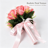Bouquet de demoiselle d'honneur pastoral avec roses artificielles en soie, feuilles vertes et ruban de satin pour cérémonie de mariage occidentale et décoration de cérémonie de mariée