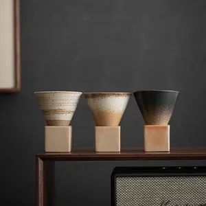 factory wholesale Japanese coarse pottery vintage espresso coffee mug 80ml creative funnel shape ceramic cup with base