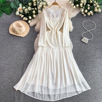 Robe élégante pour femmes WIWT, robe décontractée en mousseline de soie à manches longues avec empiècements en dentelle blanche, robe de soirée pour tous les jours, robe pour femmes