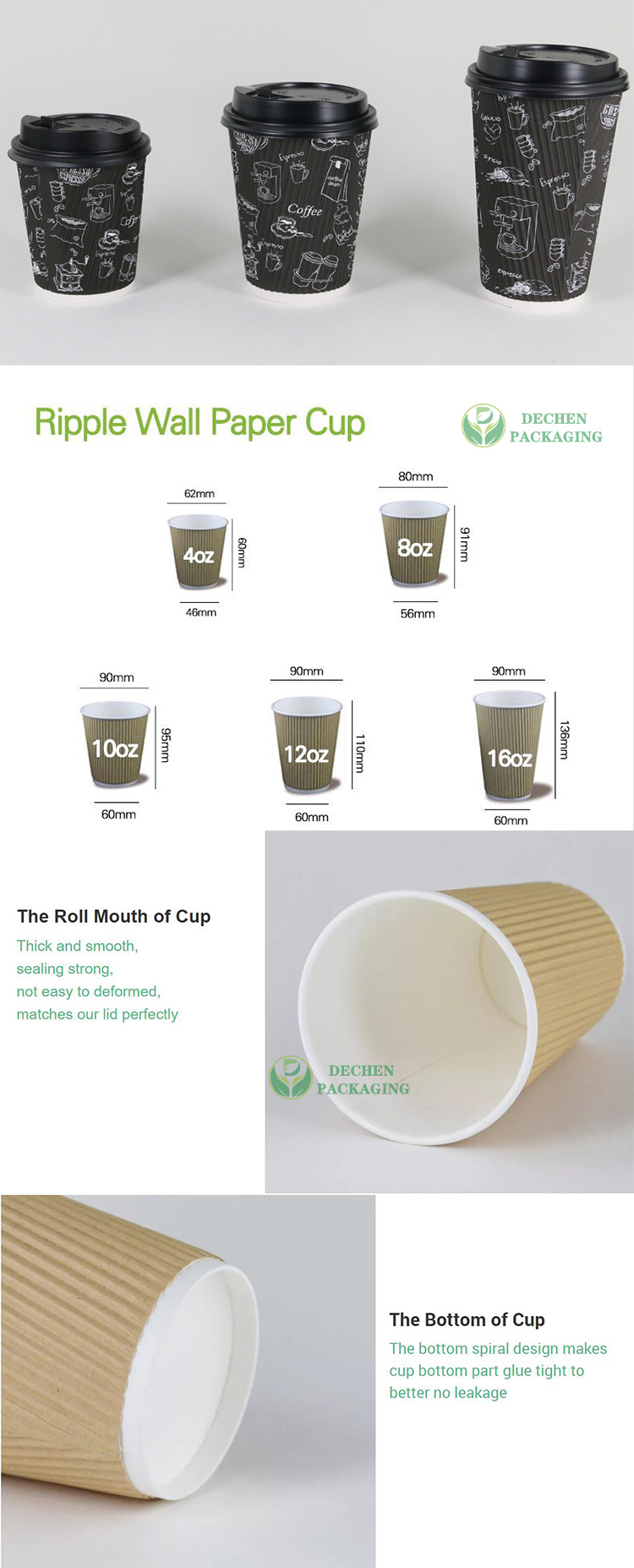 Square High Quality Cup Lid Insulated Corrugated Sleeve Ripple Wall Coffee Paper Cups