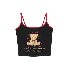 Camisole imprimée girlish pour femmes, motif petit ours noir et blanc, haut en fibre de viscose à haute élasticité, N8911 - Product Image 1