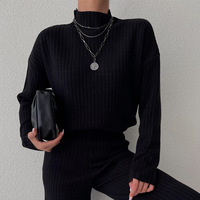 Ensemble de vêtements pour femmes, style décontracté, 2 pièces, amincissant, col demi-haut, manches longues, couleur unie, tricot, pantalon, pull