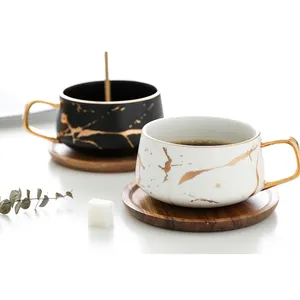Wholesale cheap marbling bone china coffee cup with wooden support spoon tea coffee mugs with wooden coaster