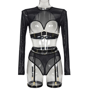 Soutien-gorge ouvert à manches longues maille ceinture ensemble de Lingerie 2023 Sexy sous-vêtements fantaisie non censuré nu avec soutien-gorge érotique et ensemble de slip - Product Image 6