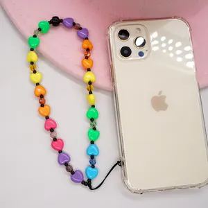 Go2Boho Colorful Phone Chain Crystal Heart Beaded Mobile Lanyard Telephone Jewelry Fashion Phone Strap New Year Gift for Women