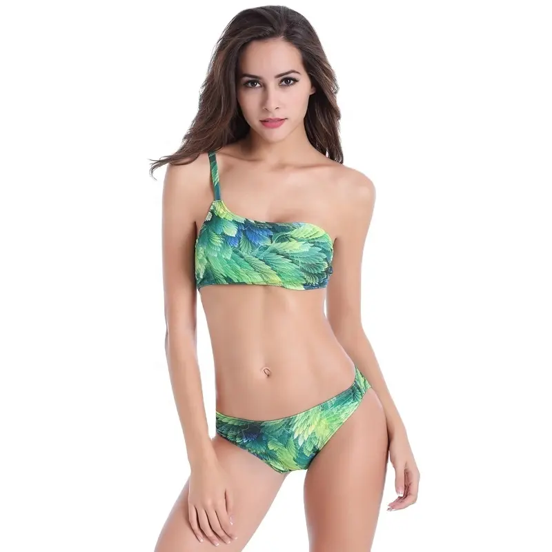 2020 New Design Big Size Available Women Quick Dry Single Shoulder 2 Piece Bikini Printed Hot Design Swimsuit Swimwear