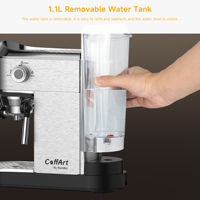 Machine à expresso semi-automatique 20 bars 1450W en acier inoxydable avec buse vapeur et mousseur à lait pour cappuccino et latte 1,1L