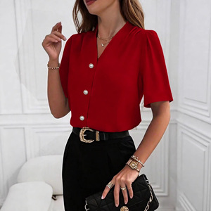 Chemise décontractée à manches courtes pour femme, nouvelle collection printemps/été 2026, col en V, en polyester tricoté, dentelle, boutonnée, tendance, pour le travail - Product Image 1