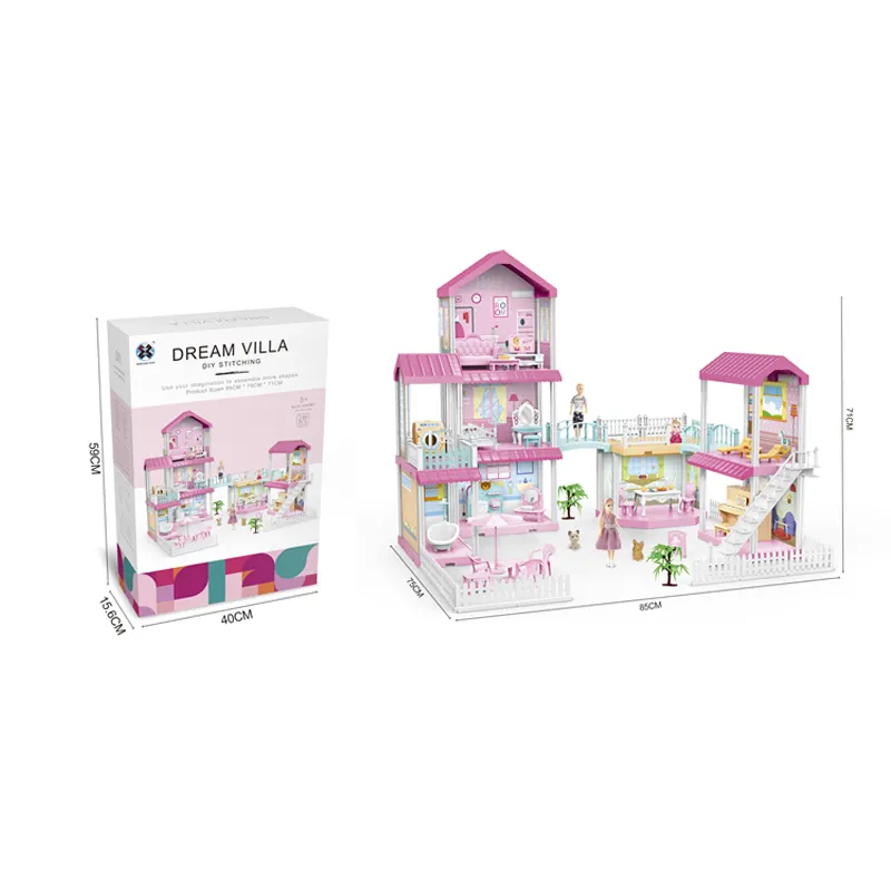 Heiße beliebte Kinder geben vor, Spielzeug zu spielen Plastik Diy zusammen gebaut rosa Puppe Familie Traum villa Haus mit Möbel zubehör und Puppen