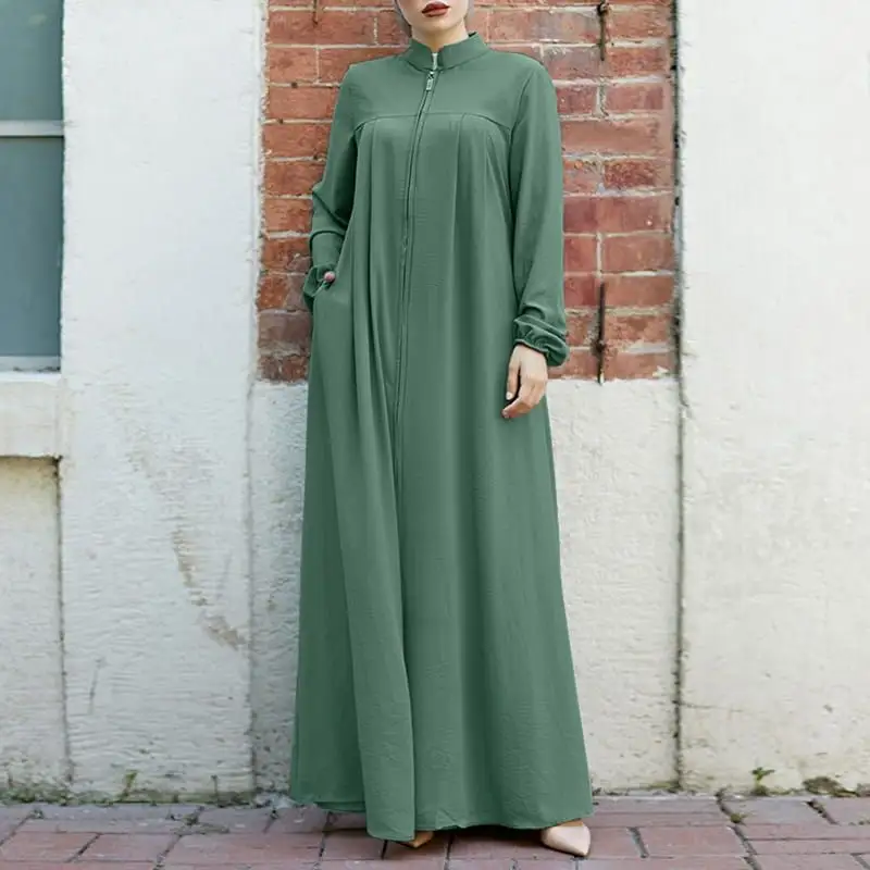 2024 Nieuwe Moslim Vrouwen Mode Stand Up Nek Cardigan Invoegen Zak Stijl Losse Jurk