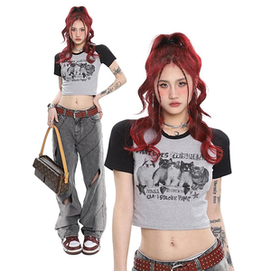 2023 personnalisé Y2K Style DGT impression contraste de couleur femmes t-shirt recadrée Sexy bébé t-shirt Slim Fit haut femmes - Product Image 1