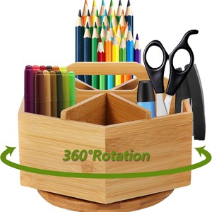 Bamboo <b>Pen</b> Holder Rotating Multi Compartment Desktop Storage <b>Box</b> For Pencils Paintbrushes And Office Supplies - Product Image 1