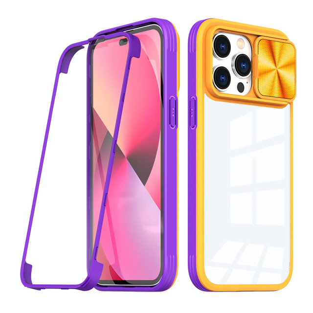 Double Side Cover 2 in 1 Shockproof TPU PC Transparent Push Window Camera Protective Mobile Phone Case for iPhone 14 13 12 11