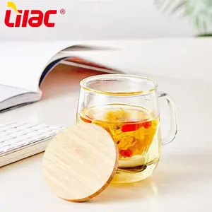 Lilac BSCI SGS LFGB 470ml bamboo lid glass brewing tea cup travel tea mug with infuser