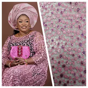 New Arrival 100% Cotton Guipure Lace Fabric High Quality Vintage African Cord Lace with Sequin Embroidery For Nigeria Wedding