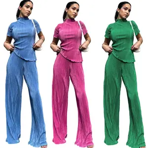 2024 nueva camiseta plisada de Color puro para mujer de verano con pantalones conjunto suelto Casual pantalones plisados traje conjunto de pantalones de dos piezas