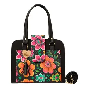 Bolso Tote para Mujer Fana, Lona Negra con Estampado Floral, Cierre de Cremallera, Estilo Bohemio, para Todas las Temporadas - Product Image 3