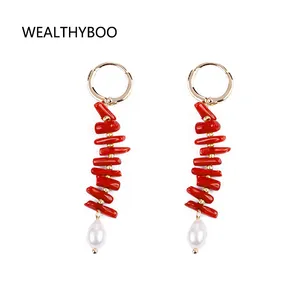 Red Coral Circle Drop Dangle Chandelier Earrings Pearl Natural Stone Shell Fine Jewelry For Women Gifts For Her