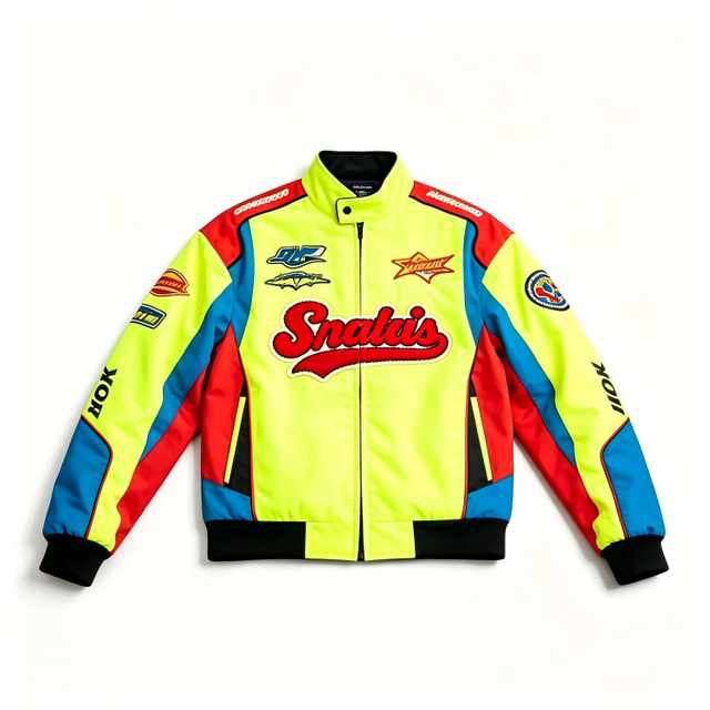 OEM Men Polyester Racing Jacket Chenille Embroidery Multiple Racing Patches Stand Collar Streetwear Motorsport Bomber Jacket