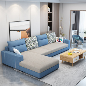 L-Shaped Combination <b>Sofa</b> With Removable Washable Fabric For Small Living Room Modern Minimalist Design Blue And Beige Color - Product Image 1