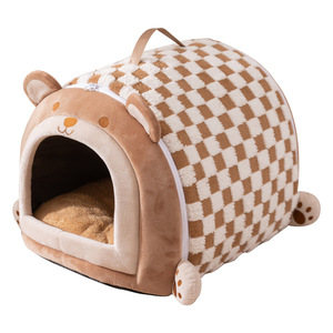 <b>Cute</b> <b>Bear</b> Pet Bed Oval Shape Faux Fur Warm Dog Cat Bed For Small Medium Dogs Four Seasons Use - Product Image 1