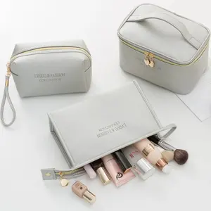 Custom Embossed Logo Women Organizer Beauty PU Leather Zipper Travel Cosmetic Case and Bag
