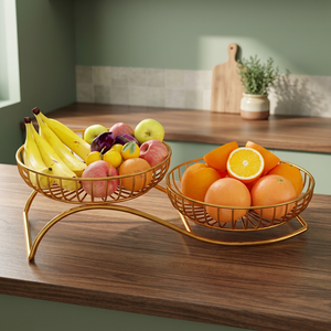 Corbeille à fruits moderne à double niveau, conteneur de rangement rond pour cuisine, paniers en métal sur pied - Product Image 5