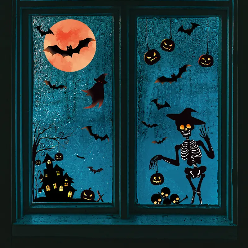 Хэллоуин Красная Луна летучая мышь замок Тыква Призрак Скелет люди гостиная домашнее окно стеклянное украшение