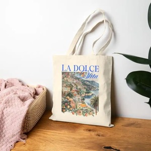 Bolsa de Mano de Lona con Estampado de Pueblo Costero Italiano "La Dolce Vita", Estilo Vintage de la <span class=keywords><strong>Riviera</strong></span> Italiana, Bolsa de Compras Reutilizable - Product Image 3