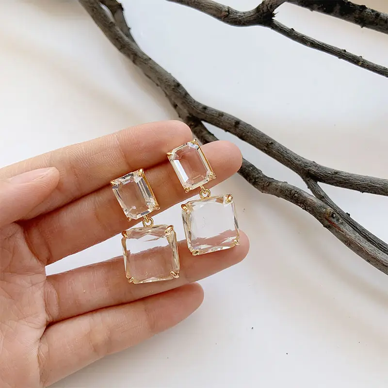 2022 Hotsale Design S925 Sterling Silver Needle Double Square Crystal Earring Geometric Clear Resin Drop Earring For Women