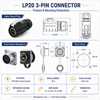 Connecteur d'aviation étanche IP68 LP20 à montage sur panneau, ensemble de 2, 3, 4, 5, 7, 9, 12, 14 broches, avec prise à bride et câble pour LED extérieures