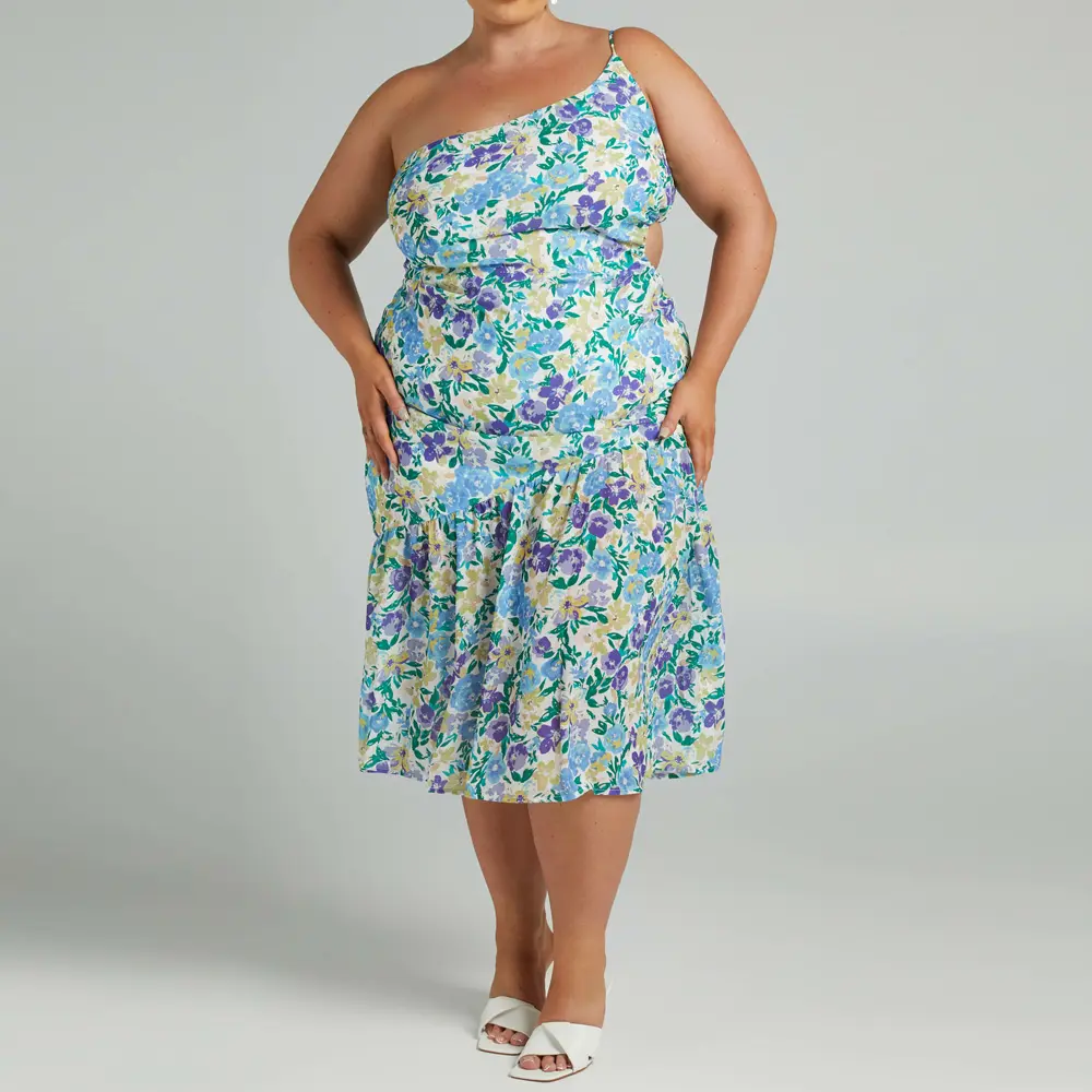 Drop Waist Skirt Plus Size Woman Clothing XL 4XL 5XL Floral Layered Ruffle Fixed One-shoulder Strap Plus Size Maxi Dress