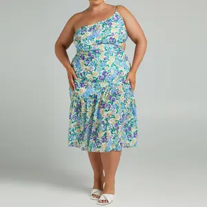 Jupe longue taille pour femmes, vêtements d'été, grande taille, XL 4XL 5XL, fleurs superposées, à volants, asymétrique épaule dénudée, robe Maxi