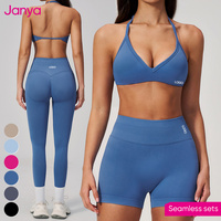 Set Yoga Seamless Pinggang Tinggi Janya untuk Wanita, Bra Olahraga Solid, Celana Pendek Gym, Kontrol Perut, Pengangkat Bokong, Bahan Bernapas, Set Fitness 2 Potong
